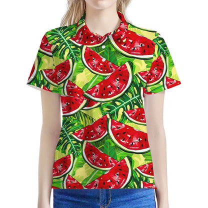 Tropical Leaves Watermelon Pattern Print Women's Polo Shirt