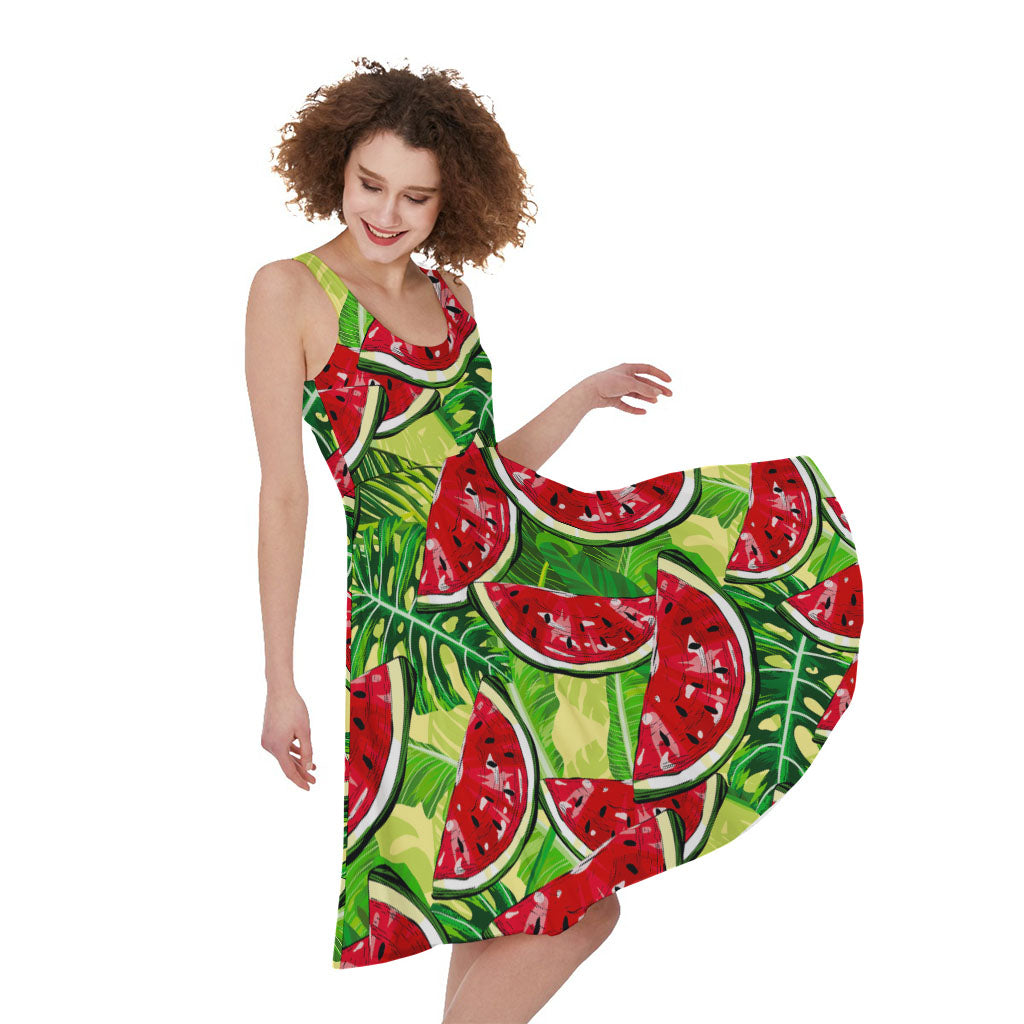 Tropical Leaves Watermelon Pattern Print Women's Sleeveless Dress