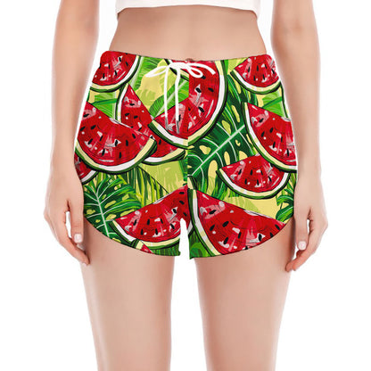 Tropical Leaves Watermelon Pattern Print Women's Split Running Shorts