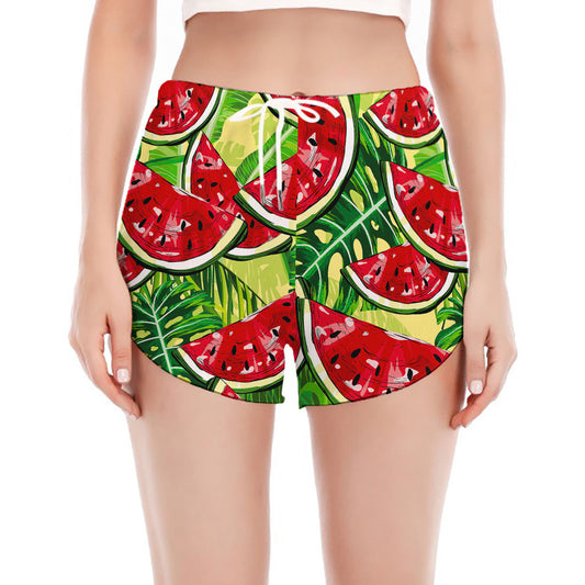 Tropical Leaves Watermelon Pattern Print Women's Split Running Shorts