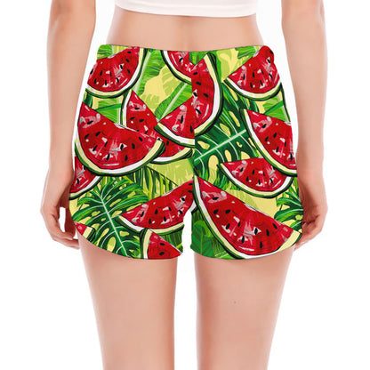 Tropical Leaves Watermelon Pattern Print Women's Split Running Shorts