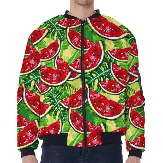 Tropical Leaves Watermelon Pattern Print Zip Sleeve Bomber Jacket