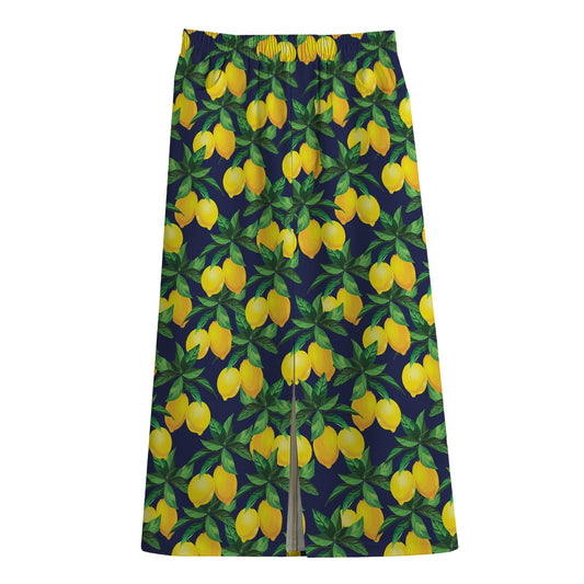 Tropical Lemon Pattern Print Cotton Front Slit Maxi Skirt