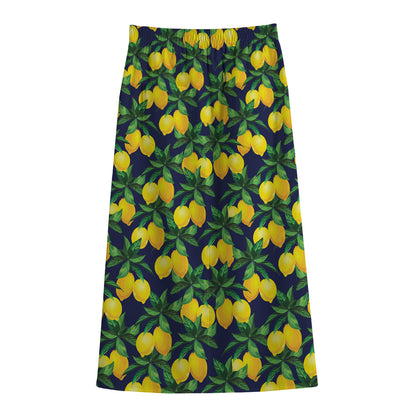 Tropical Lemon Pattern Print Cotton Front Slit Maxi Skirt