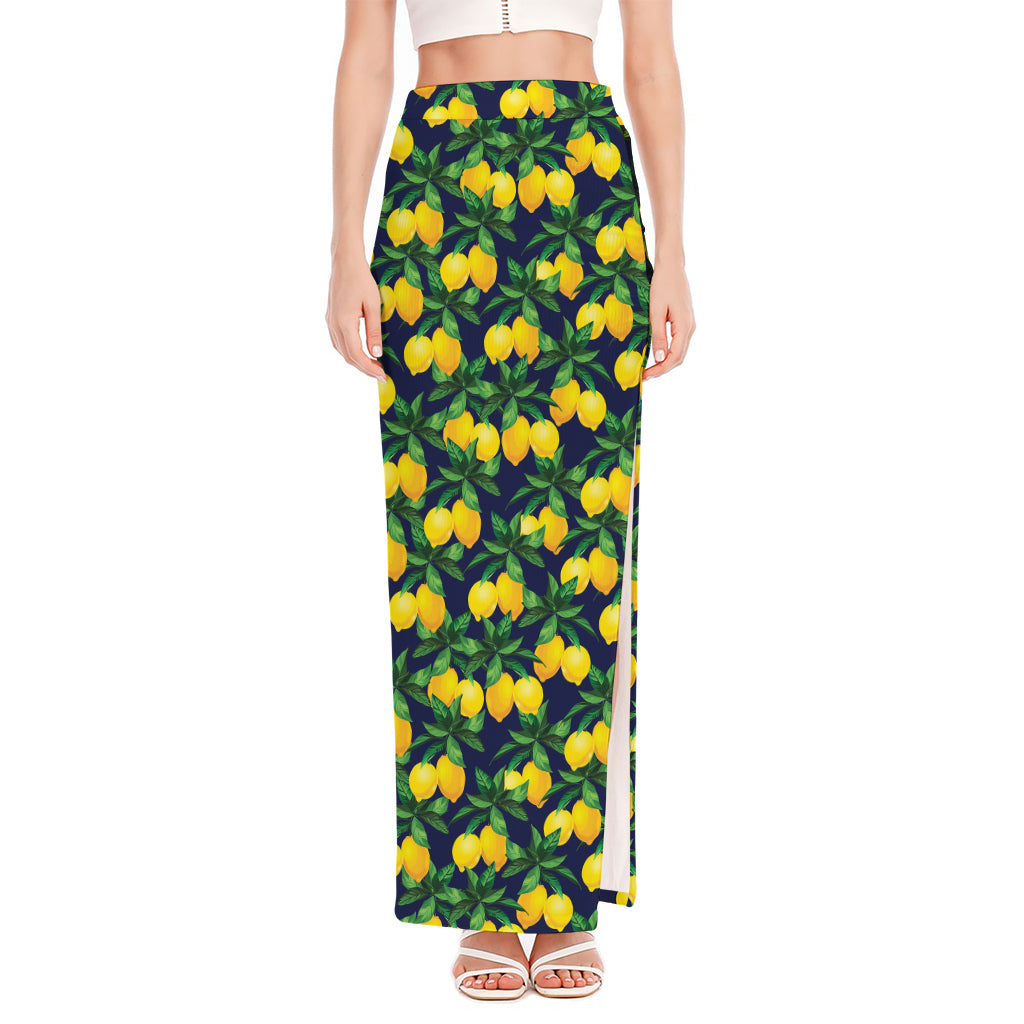 Tropical Lemon Pattern Print High Slit Maxi Skirt