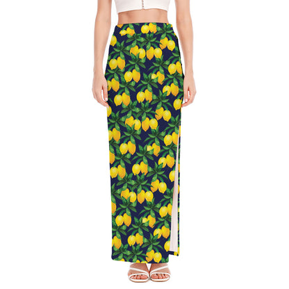 Tropical Lemon Pattern Print High Slit Maxi Skirt