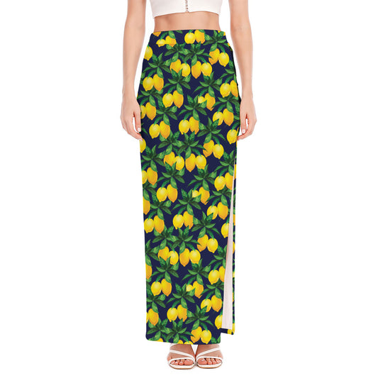 Tropical Lemon Pattern Print High Slit Maxi Skirt