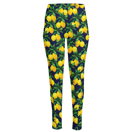 Tropical Lemon Pattern Print High-Waisted Pocket Leggings