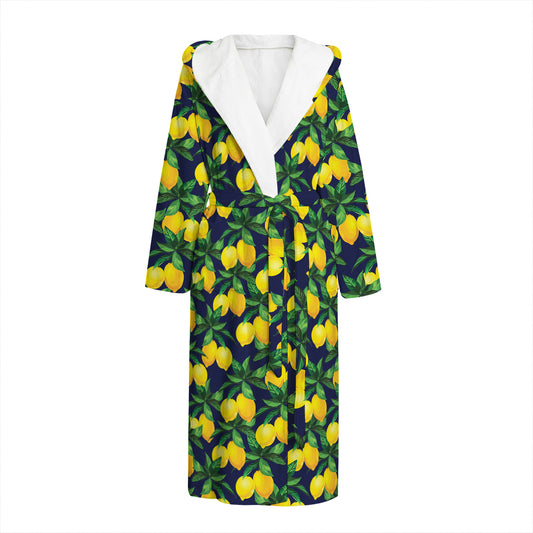 Tropical Lemon Pattern Print Hooded Bathrobe