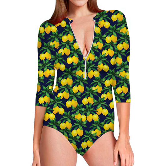 Tropical Lemon Pattern Print Long Sleeve Swimsuit
