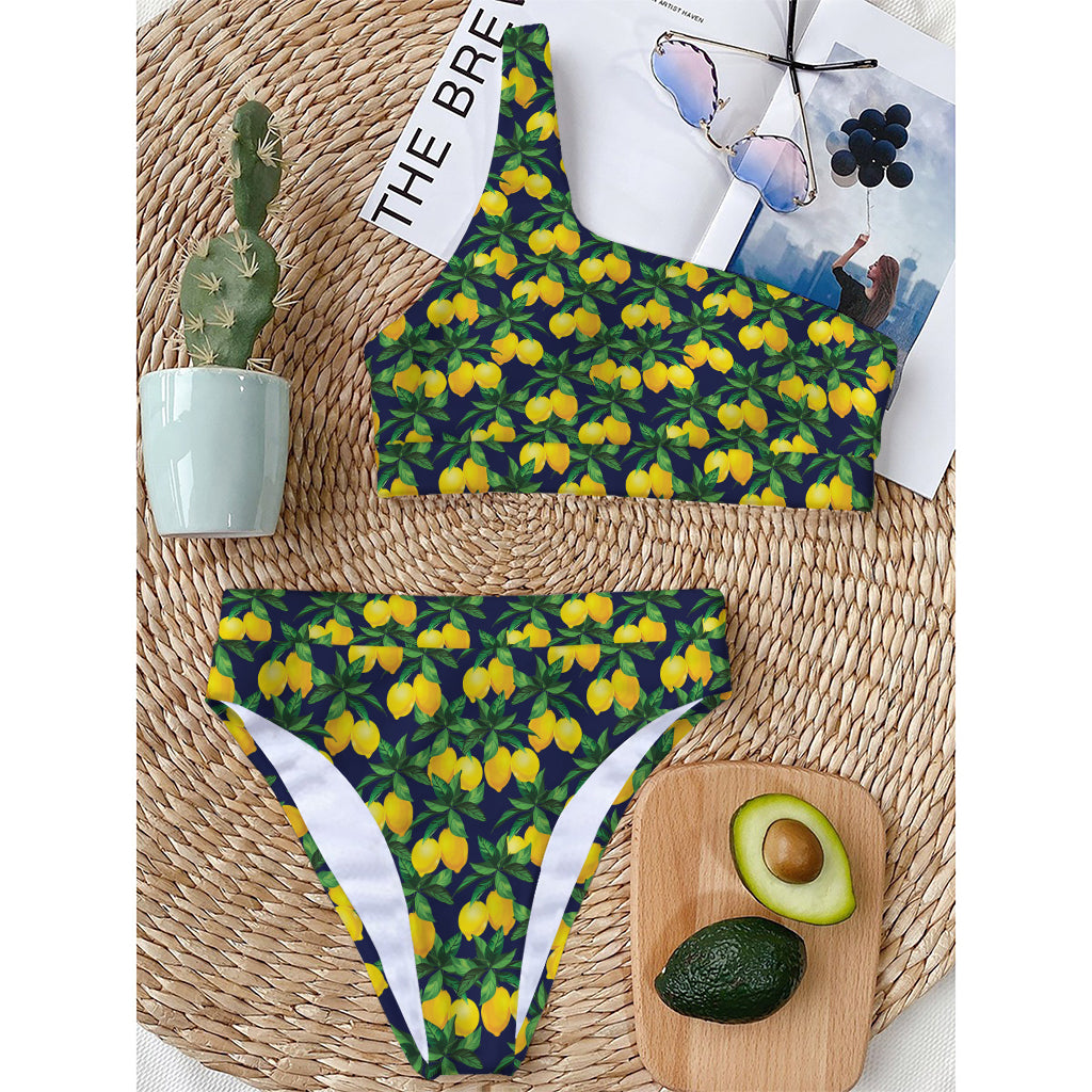 Tropical Lemon Pattern Print One Shoulder Bikini Top