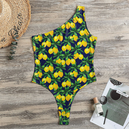 Tropical Lemon Pattern Print One Shoulder Bodysuit
