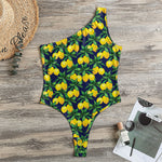 Tropical Lemon Pattern Print One Shoulder Bodysuit