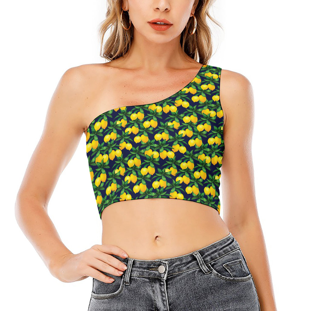 Tropical Lemon Pattern Print One Shoulder Crop Top