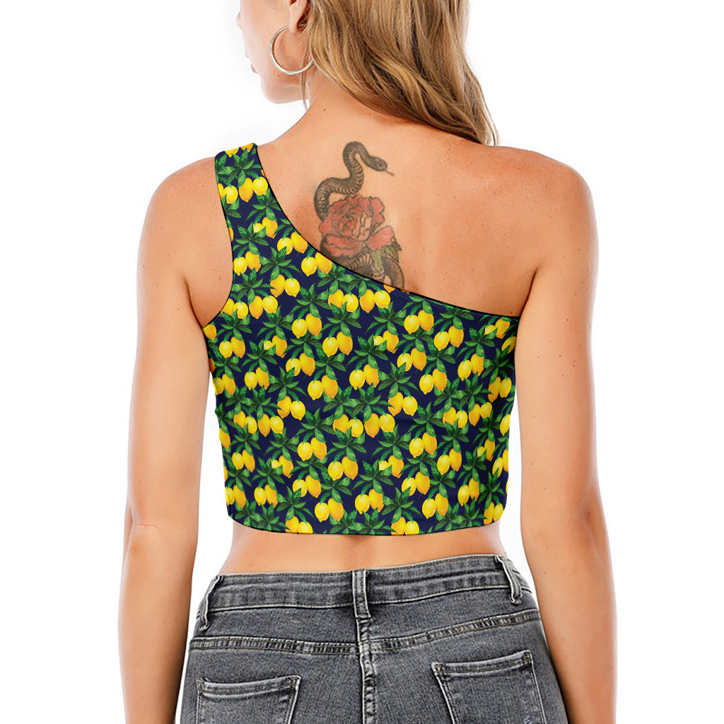 Tropical Lemon Pattern Print One Shoulder Crop Top
