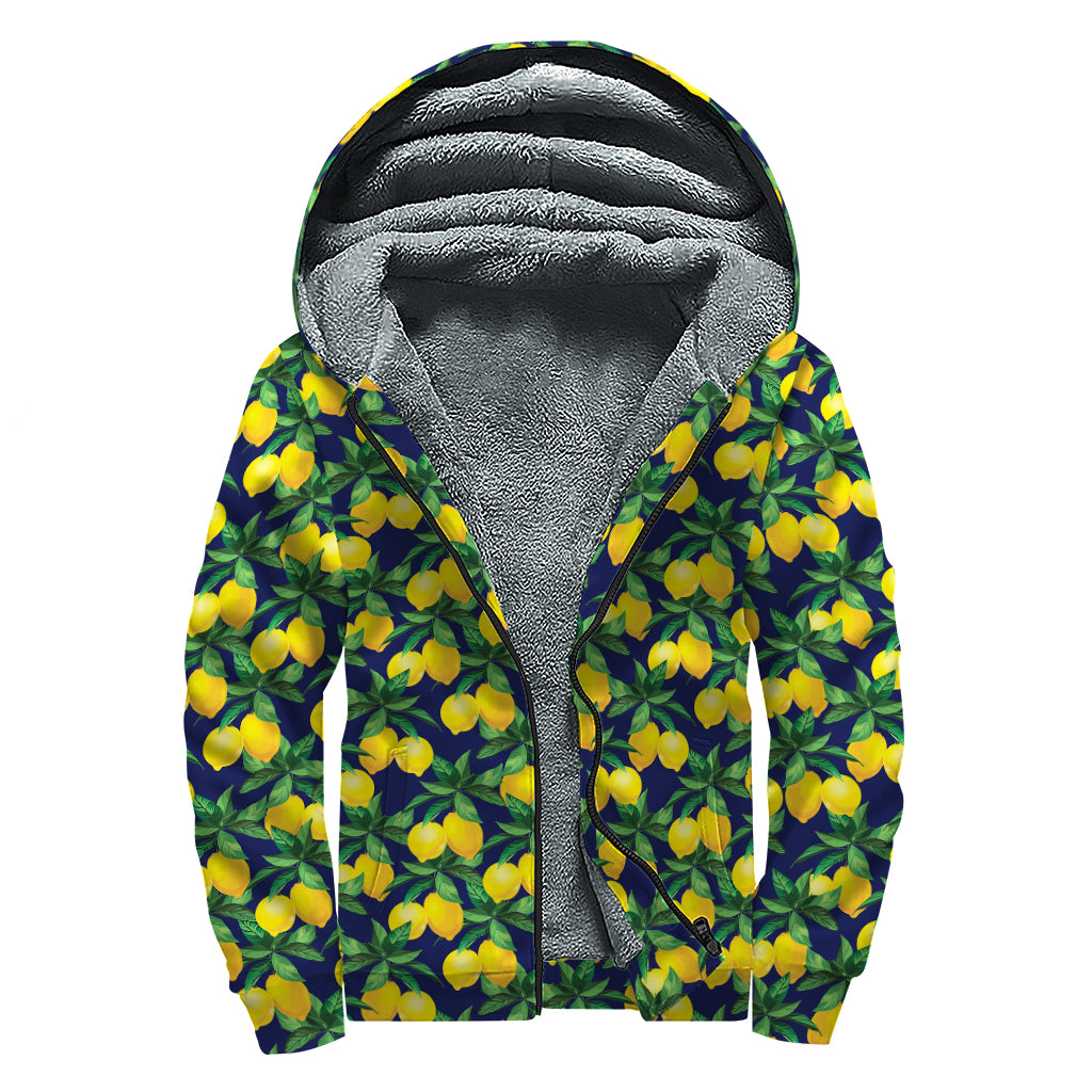 Tropical Lemon Pattern Print Sherpa Lined Zip Up Hoodie