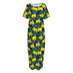 Tropical Lemon Pattern Print Short Sleeve Long Nightdress