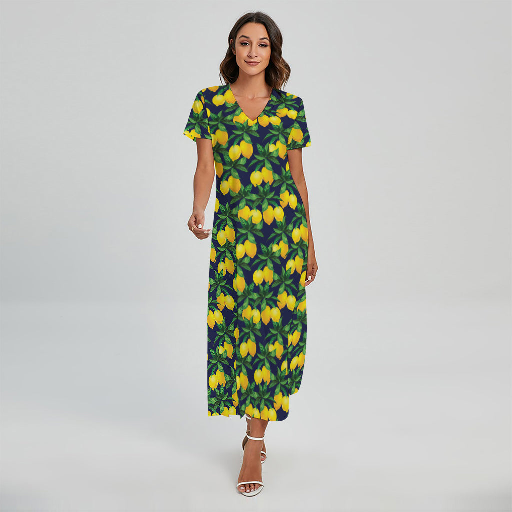 Tropical Lemon Pattern Print Short Sleeve Maxi Dress