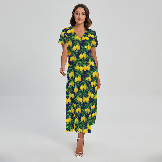 Tropical Lemon Pattern Print Short Sleeve Maxi Dress