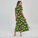 Tropical Lemon Pattern Print Short Sleeve Maxi Dress