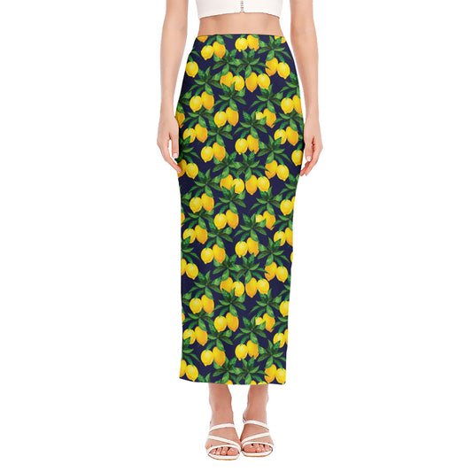 Tropical Lemon Pattern Print Side Slit Maxi Skirt