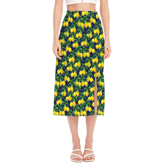Tropical Lemon Pattern Print Side Slit Midi Skirt