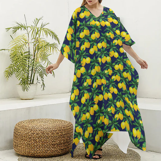 Tropical Lemon Pattern Print Silk V-Neck Kaftan Dress