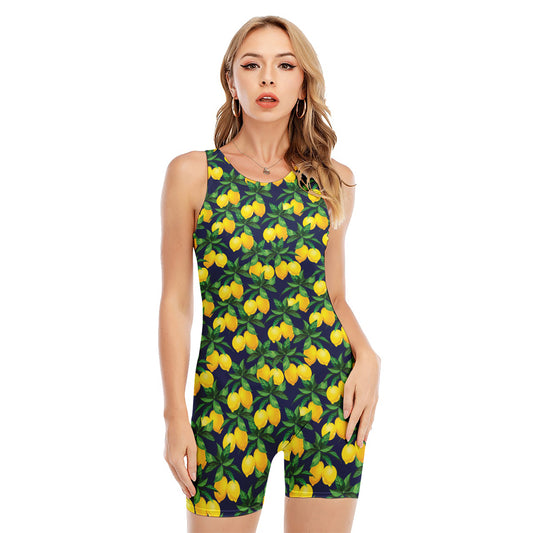 Tropical Lemon Pattern Print Sleeveless One Piece Swimsuit