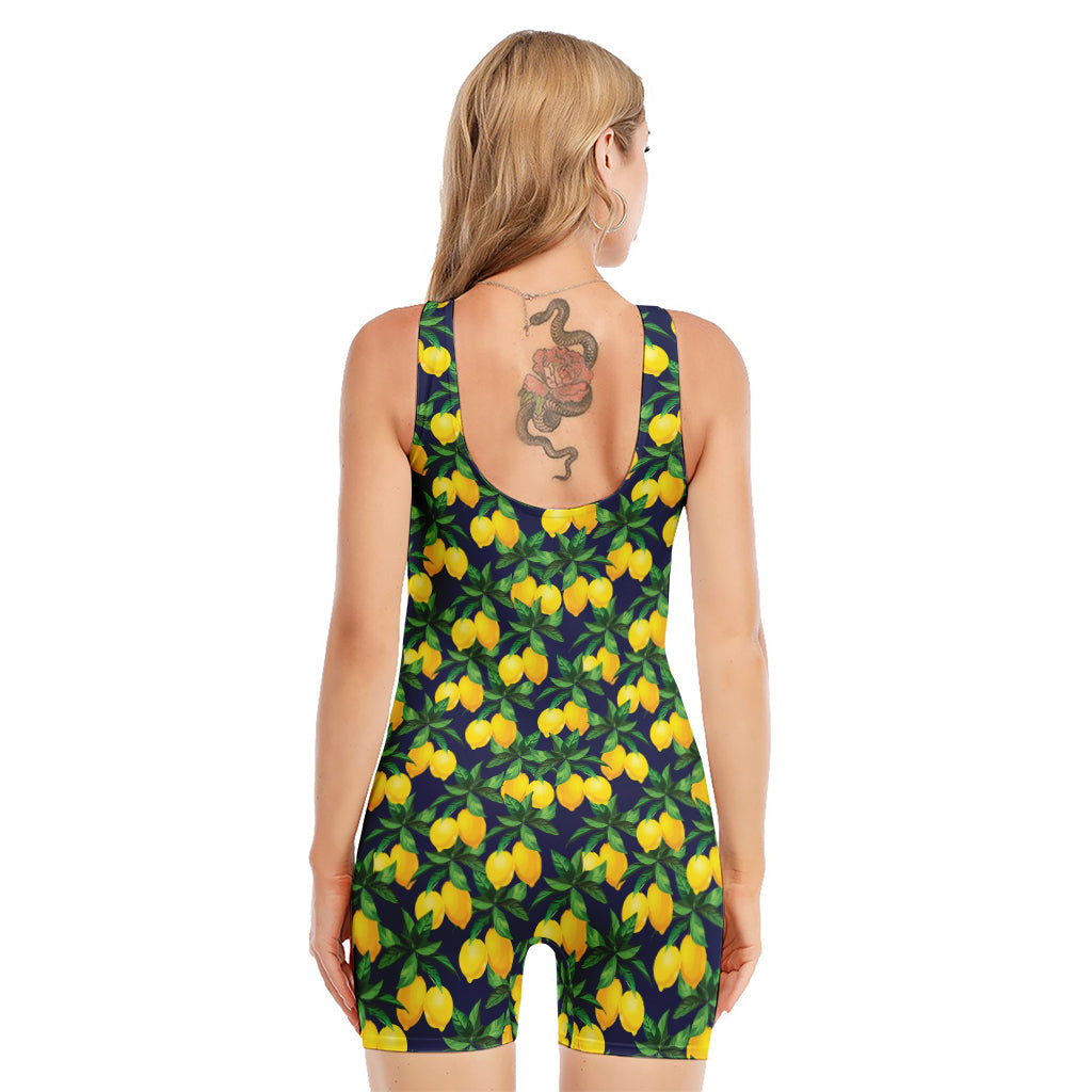 Tropical Lemon Pattern Print Sleeveless One Piece Swimsuit