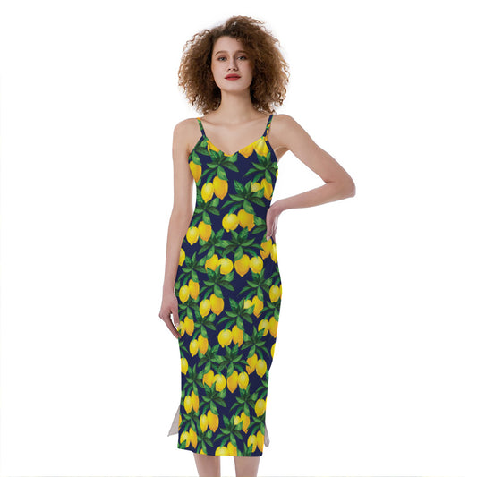 Tropical Lemon Pattern Print Slim Fit Midi Cami Dress