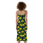 Tropical Lemon Pattern Print Slim Fit Midi Cami Dress