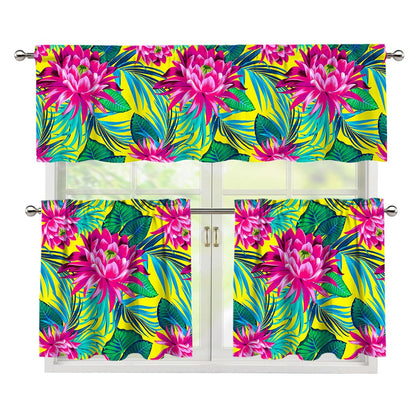 Tropical Lotus Pattern Print 3 Piece Kitchen Curtains