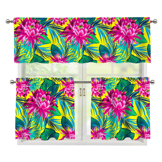 Tropical Lotus Pattern Print 3 Piece Kitchen Curtains