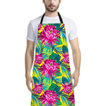 Tropical Lotus Pattern Print Bib Apron With Pocket