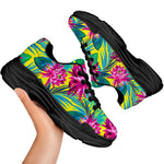 Tropical Lotus Pattern Print Black Chunky Shoes
