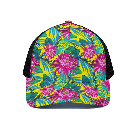Tropical Lotus Pattern Print Black Mesh Trucker Cap
