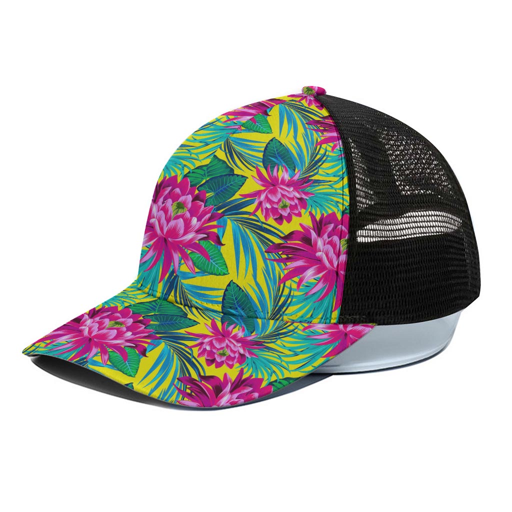 Tropical Lotus Pattern Print Black Mesh Trucker Cap