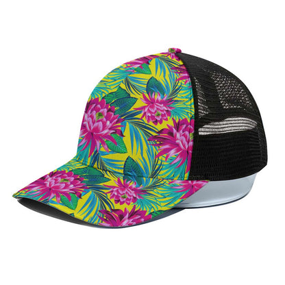 Tropical Lotus Pattern Print Black Mesh Trucker Cap