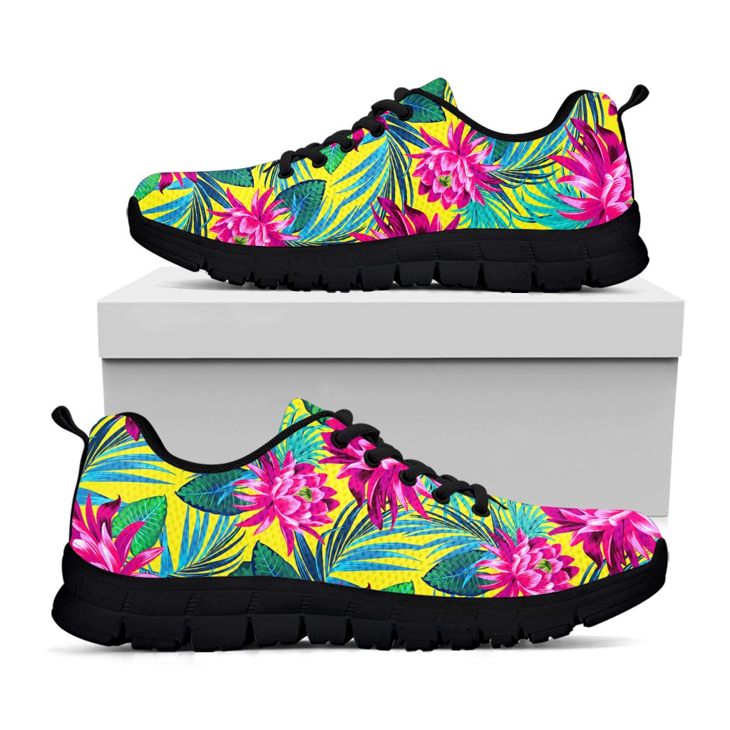 Tropical Lotus Pattern Print Black Running Shoes