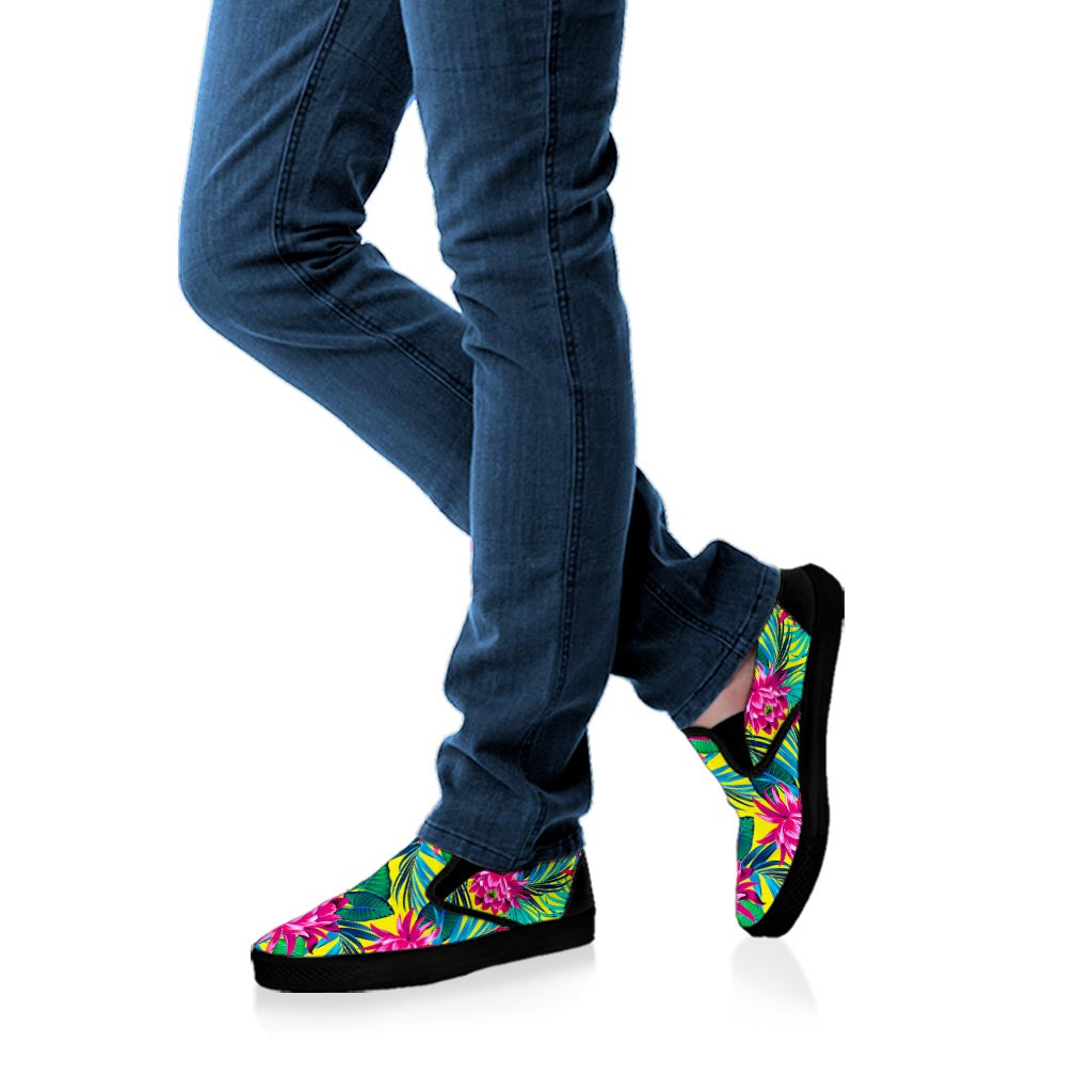 Tropical Lotus Pattern Print Black Slip On Sneakers