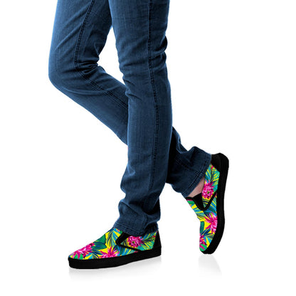 Tropical Lotus Pattern Print Black Slip On Sneakers