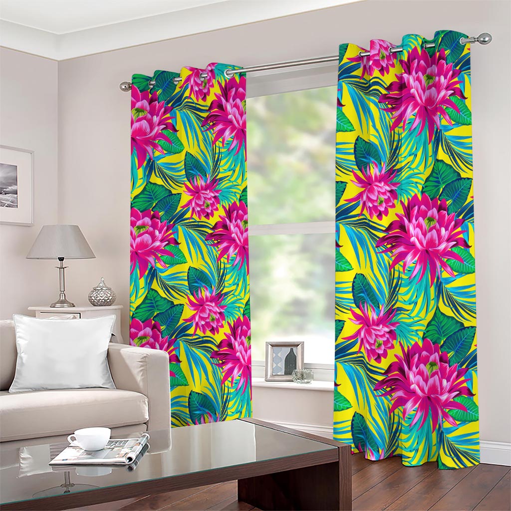 Tropical Lotus Pattern Print Blackout Grommet Curtains