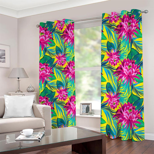 Tropical Lotus Pattern Print Blackout Grommet Curtains
