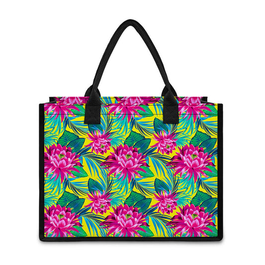Tropical Lotus Pattern Print Canvas Tote Bag