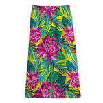 Tropical Lotus Pattern Print Cotton Front Slit Maxi Skirt