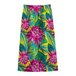 Tropical Lotus Pattern Print Cotton Front Slit Maxi Skirt