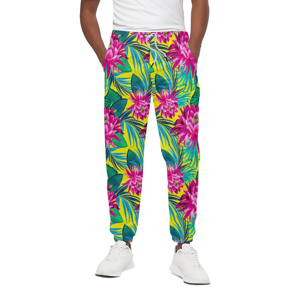 Tropical Lotus Pattern Print Cotton Pants