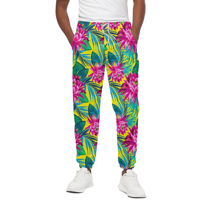 Tropical Lotus Pattern Print Cotton Pants