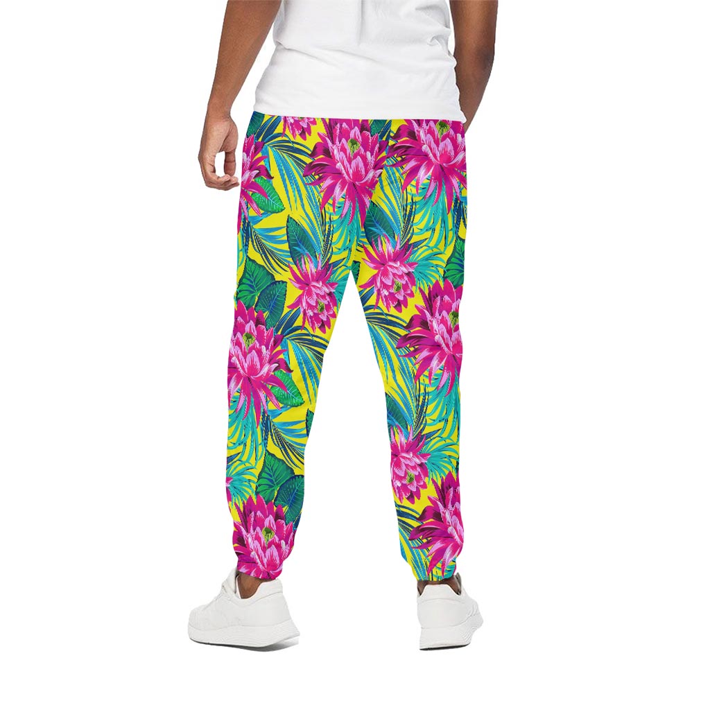 Tropical Lotus Pattern Print Cotton Pants