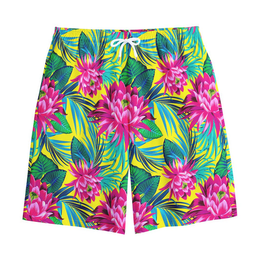 Tropical Lotus Pattern Print Cotton Shorts